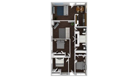 A floor plan of a small apartment with a kitchen, living room, and three bedrooms.